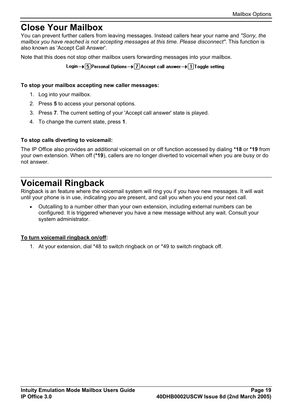 Close your mailbox, Voicemail ringback, Mailbox options | Avaya 40DHB0002USCW User Manual | Page 19 / 32
