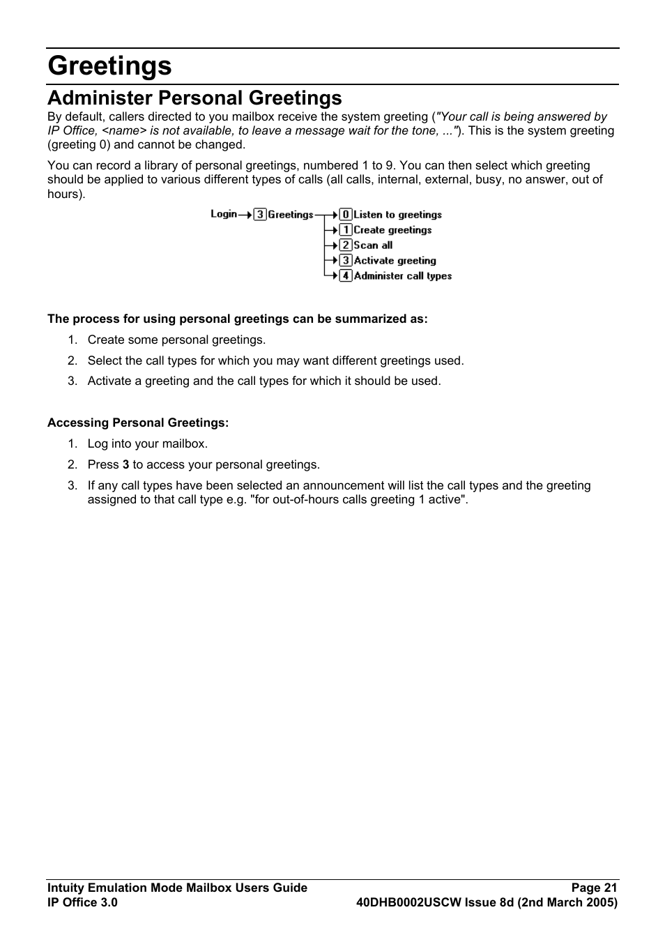 Greetings, Administer personal greetings | Avaya 40DHB0002USCW User Manual | Page 21 / 32