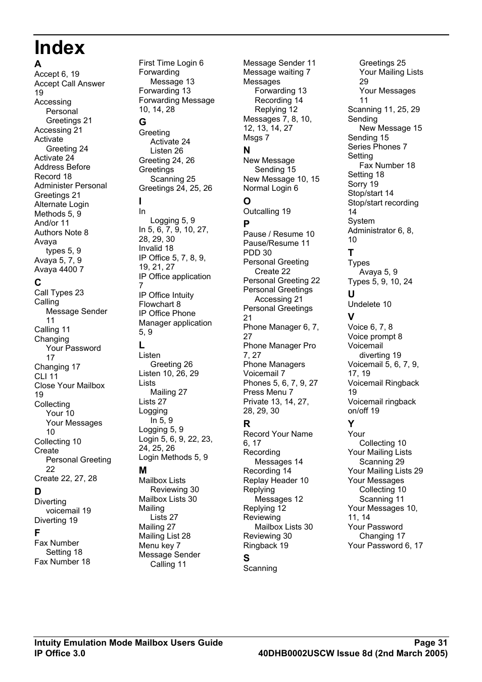 Index | Avaya 40DHB0002USCW User Manual | Page 31 / 32