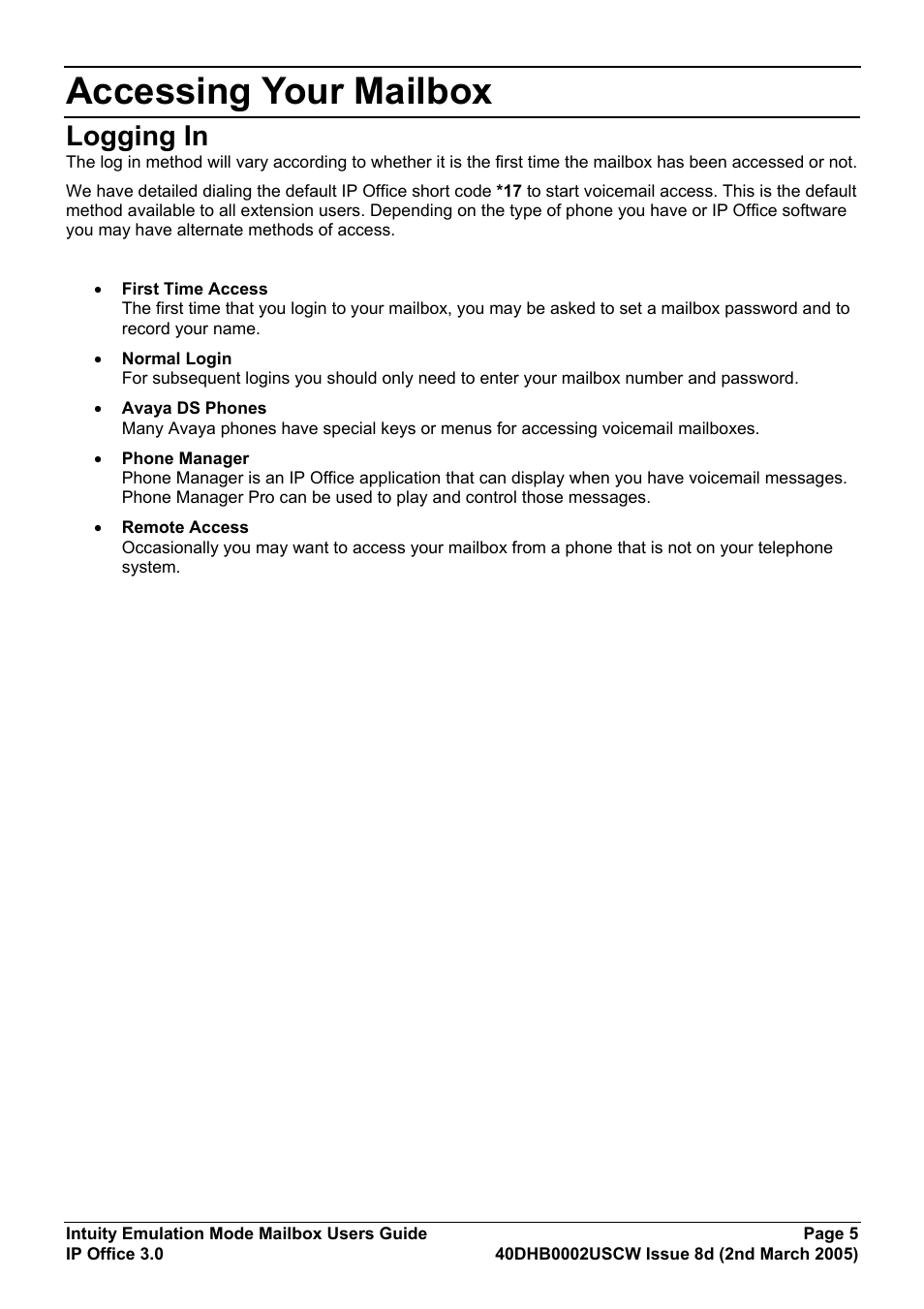 Accessing your mailbox, Logging in | Avaya 40DHB0002USCW User Manual | Page 5 / 32