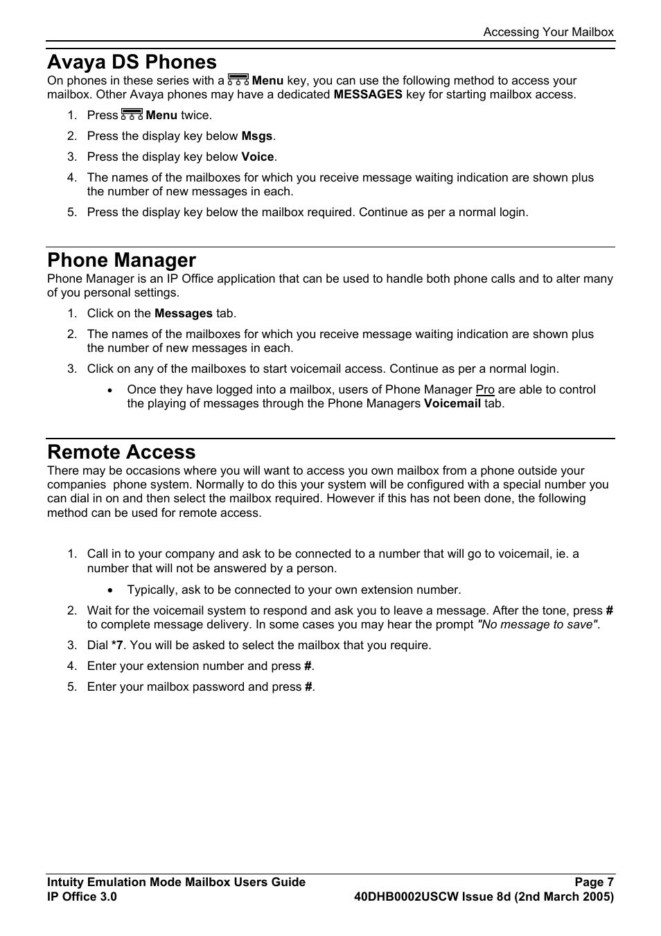 Avaya ds phones, Phone manager, Remote access | Avaya 40DHB0002USCW User Manual | Page 7 / 32