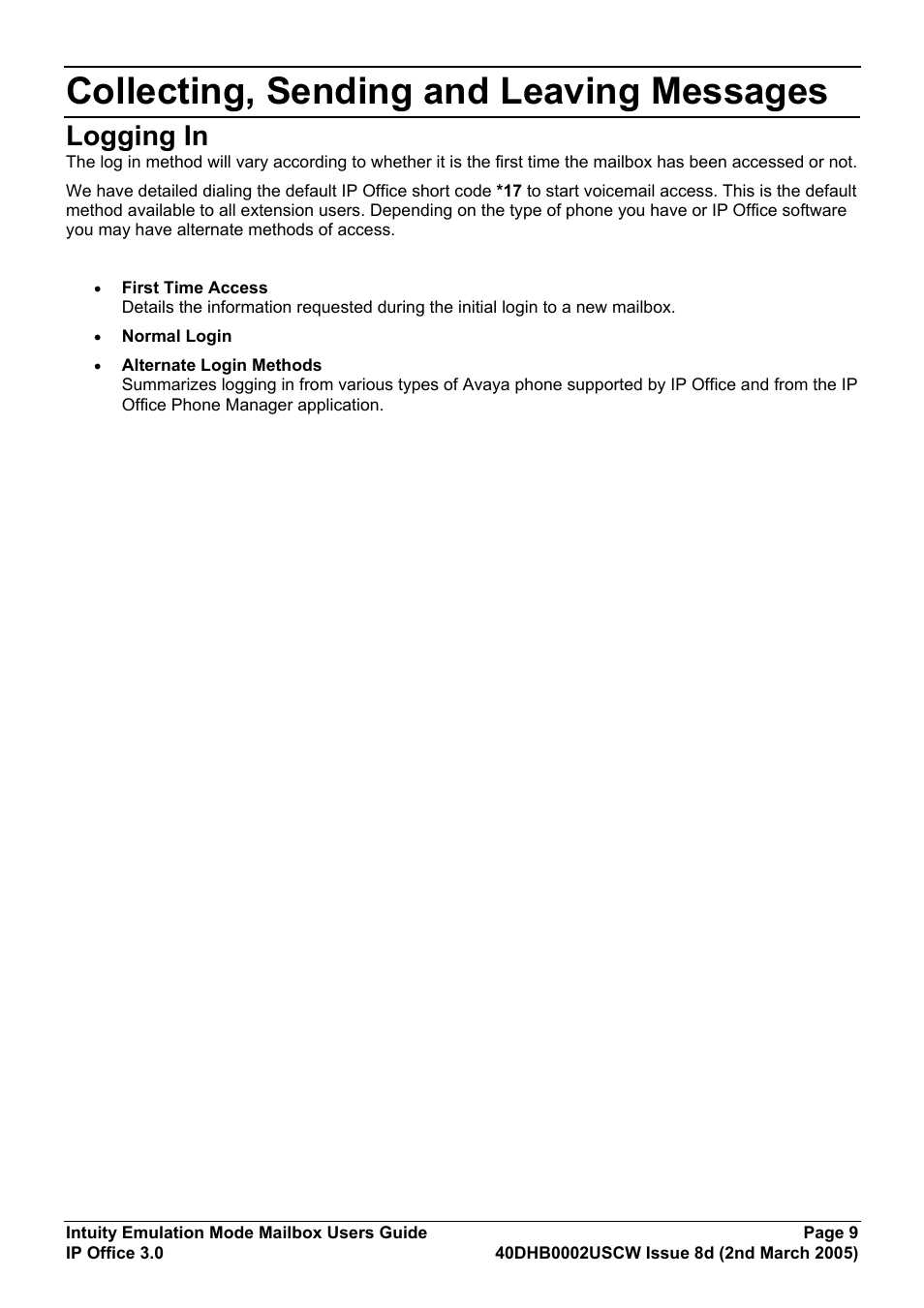 Collecting, sending and leaving messages, Logging in | Avaya 40DHB0002USCW User Manual | Page 9 / 32