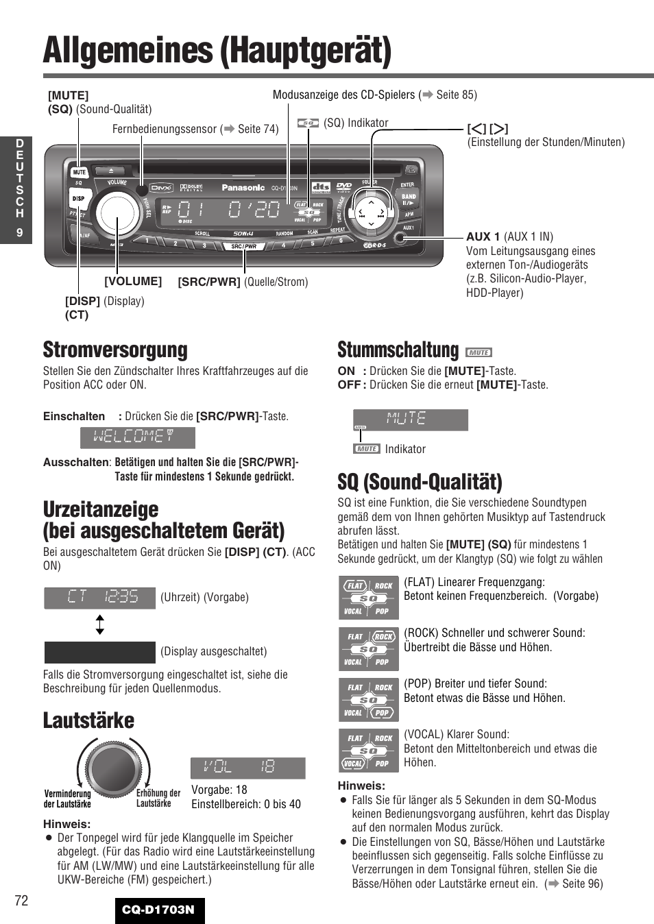Allgemeines (hauptgerät), Stromversorgung, Urzeitanzeige (bei ausgeschaltetem gerät) | Lautstärke, Stummschaltung, Sq (sound-qualität) | Panasonic CQD1703N User Manual | Page 10 / 64