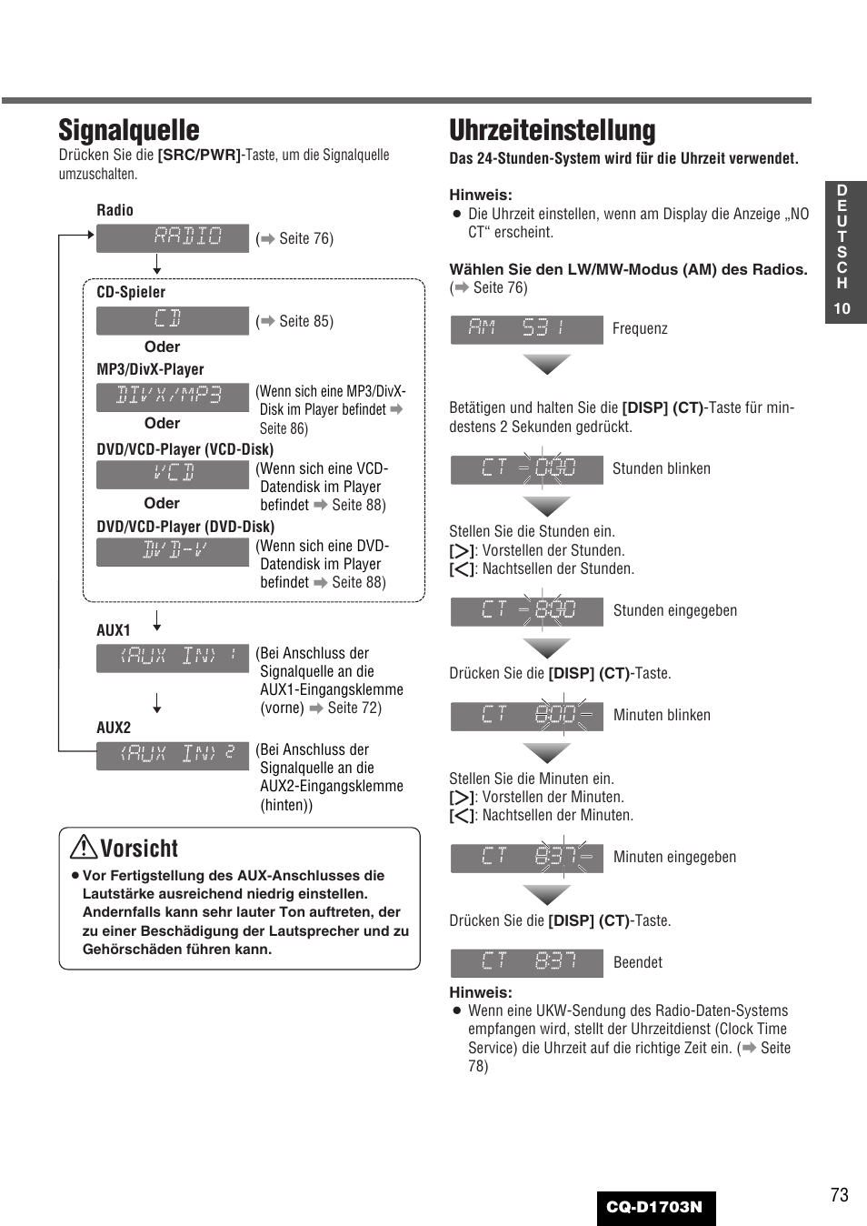 Signalquelle, Uhrzeiteinstellung, Vorsicht | Panasonic CQD1703N User Manual | Page 11 / 64
