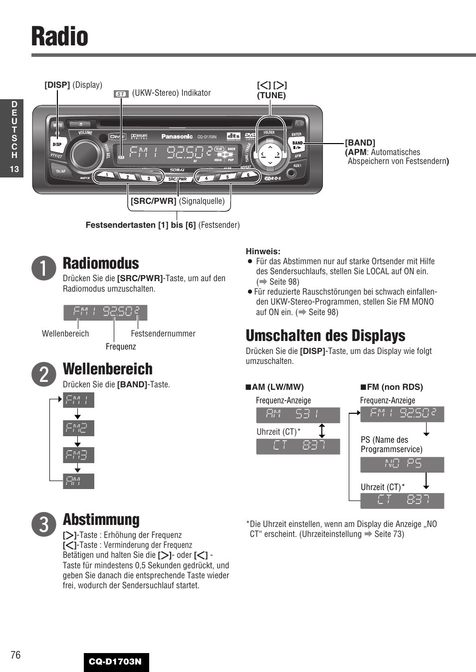 Radio, Radiomodus, Wellenbereich | Abstimmung, Umschalten des displays | Panasonic CQD1703N User Manual | Page 14 / 64