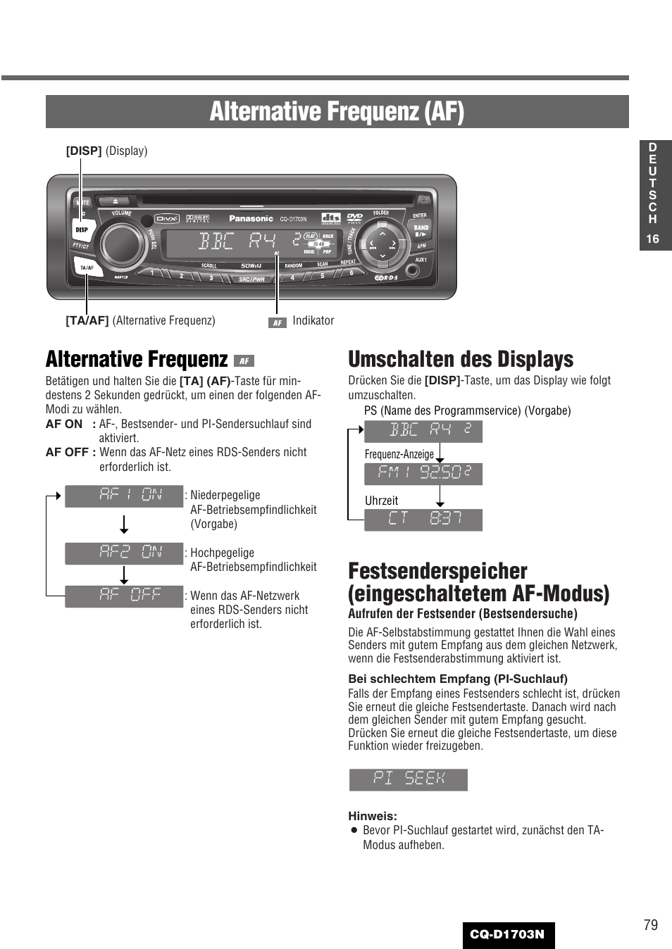 Alternative frequenz (af), Alternative frequenz, Umschalten des displays | Festsenderspeicher (eingeschaltetem af-modus) | Panasonic CQD1703N User Manual | Page 17 / 64