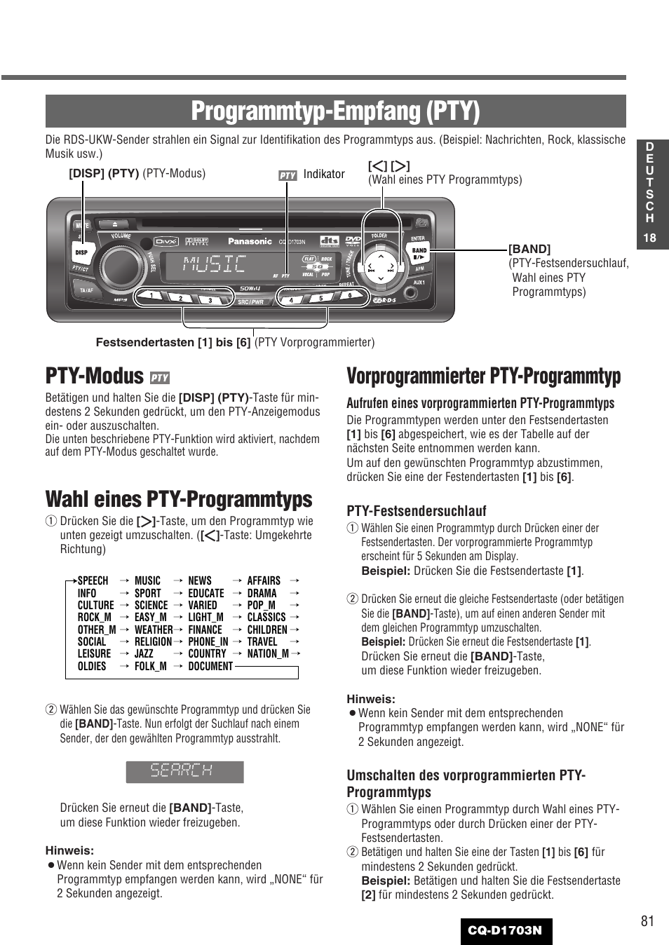 Programmtyp-empfang (pty), Pty-modus, Wahl eines pty-programmtyps | Vorprogrammierter pty-programmtyp | Panasonic CQD1703N User Manual | Page 19 / 64