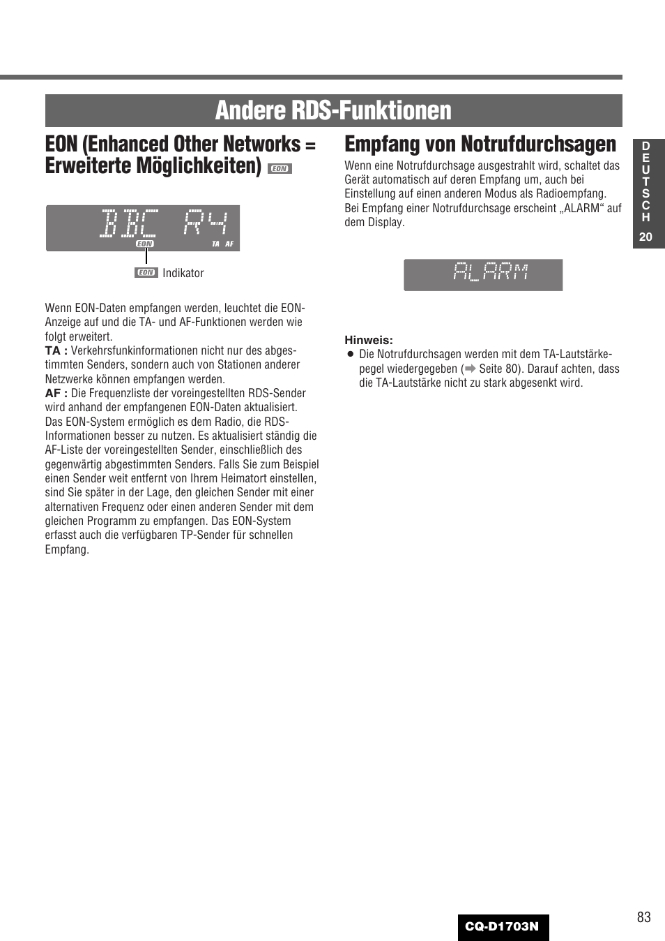 Andere rds-funktionen, Empfang von notrufdurchsagen | Panasonic CQD1703N User Manual | Page 21 / 64