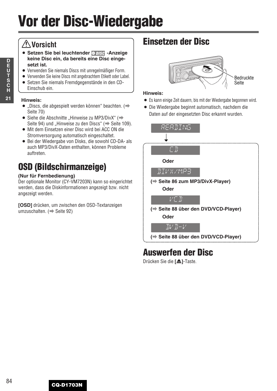 Vor der disc-wiedergabe, Osd (bildschirmanzeige), Einsetzen der disc | Auswerfen der disc, Vorsicht | Panasonic CQD1703N User Manual | Page 22 / 64