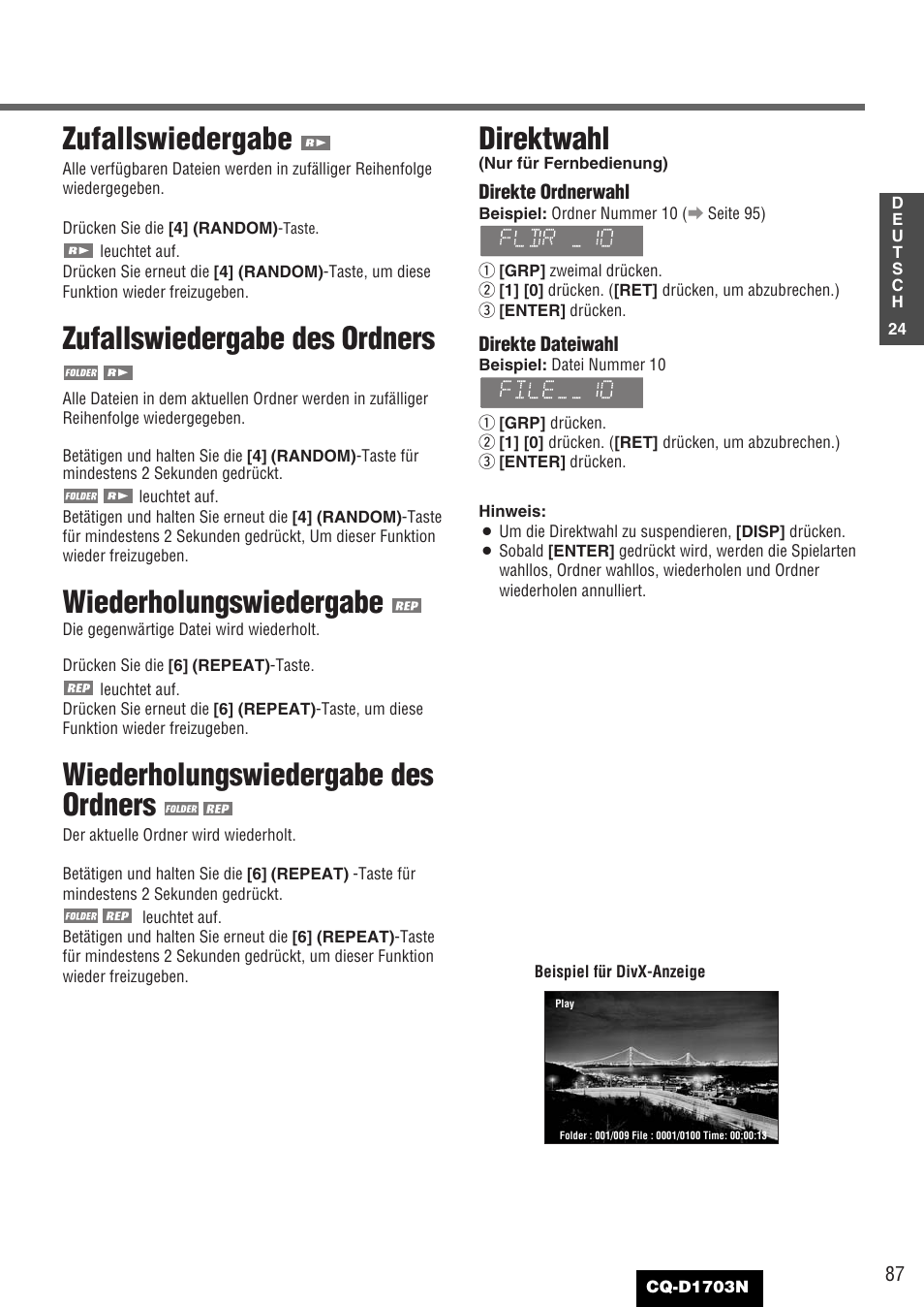Zufallswiedergabe, Zufallswiedergabe des ordners, Wiederholungswiedergabe | Wiederholungswiedergabe des ordners, Direktwahl | Panasonic CQD1703N User Manual | Page 25 / 64