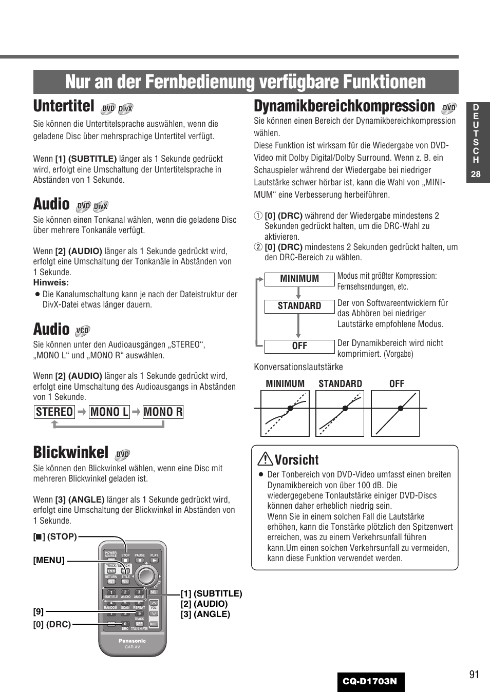 Nur an der fernbedienung verfügbare funktionen, Untertitel, Audio | Blickwinkel, Dynamikbereichkompression, Vorsicht, Stereo mono l mono r | Panasonic CQD1703N User Manual | Page 29 / 64