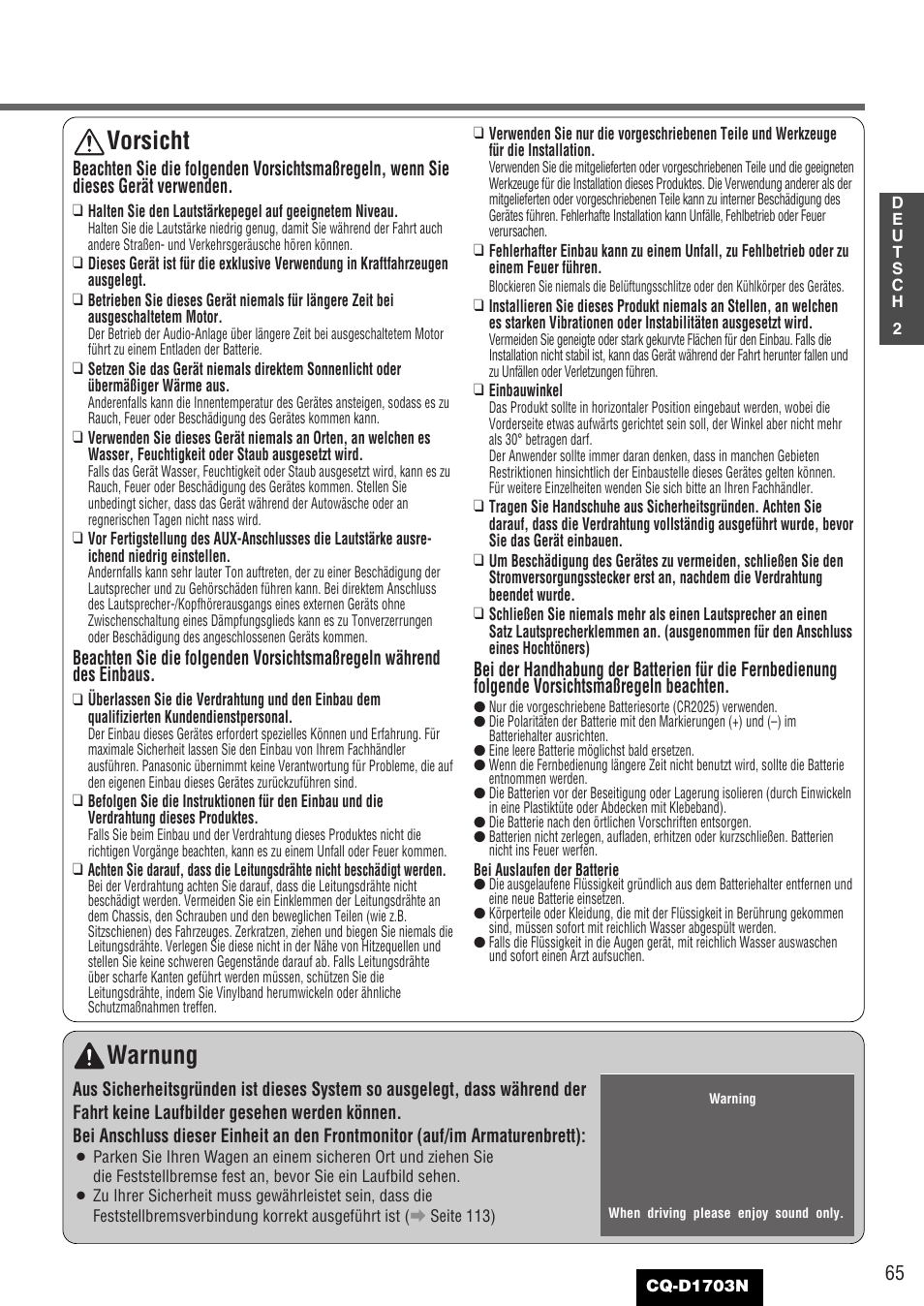 Warnung, Vorsicht | Panasonic CQD1703N User Manual | Page 3 / 64