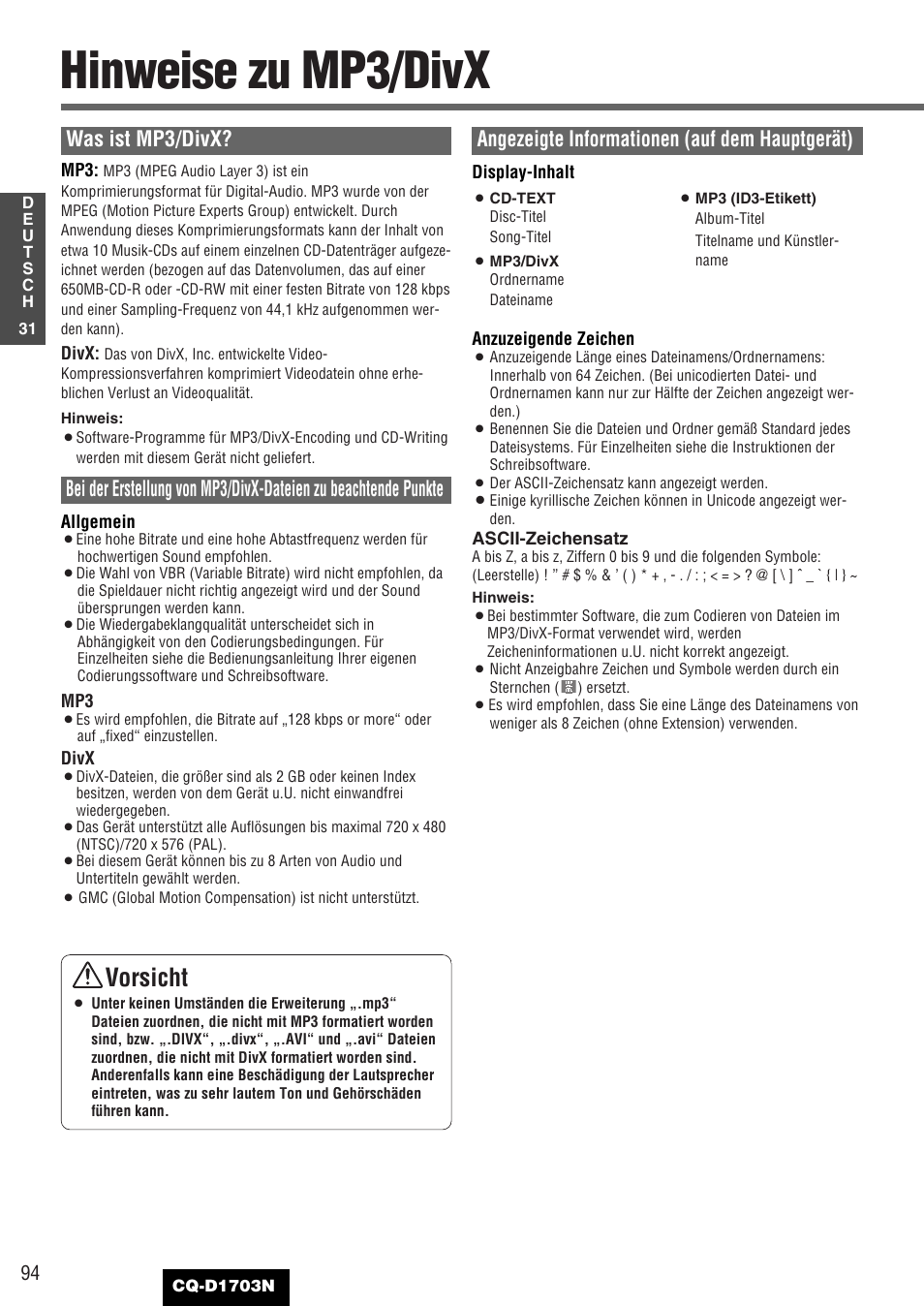 Hinweise zu mp3/divx, Vorsicht, Was ist mp3/divx | Angezeigte informationen (auf dem hauptgerät) | Panasonic CQD1703N User Manual | Page 32 / 64