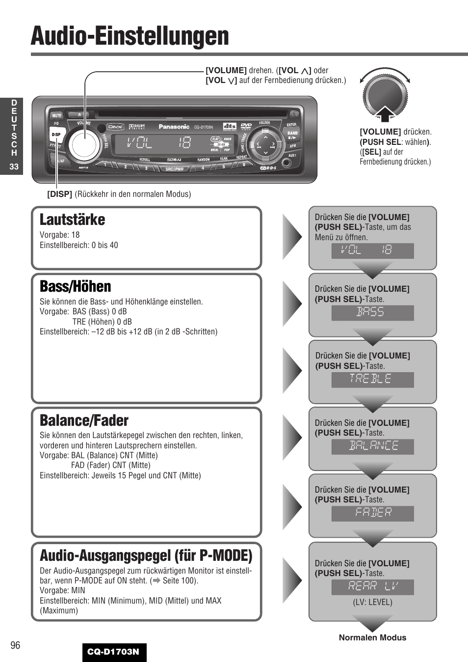 Audio-einstellungen, Bass/höhen, Lautstärke | Balance/fader, Audio-ausgangspegel (für p-mode) | Panasonic CQD1703N User Manual | Page 34 / 64