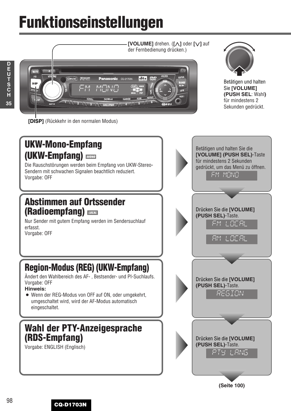 Funktionseinstellungen, Ukw-mono-empfang (ukw-empfang), Region-modus (reg) (ukw-empfang) | Abstimmen auf ortssender (radioempfang), Wahl der pty-anzeigesprache (rds-empfang) | Panasonic CQD1703N User Manual | Page 36 / 64