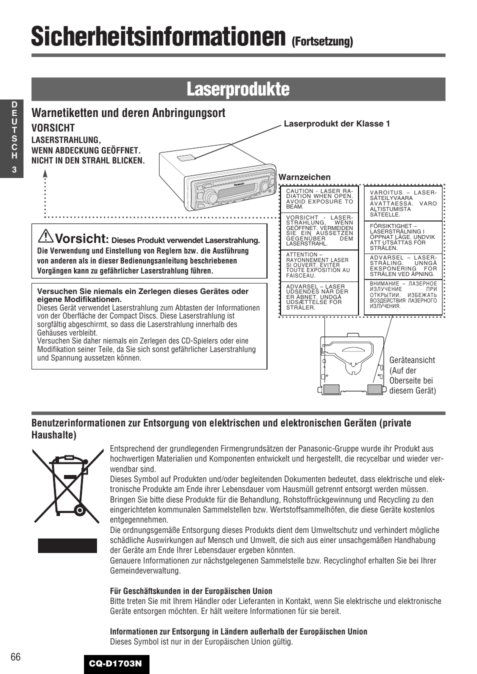 Sicherheitsinformationen, Laserprodukte, Vorsicht | Fortsetzung), Warnetiketten und deren anbringungsort | Panasonic CQD1703N User Manual | Page 4 / 64