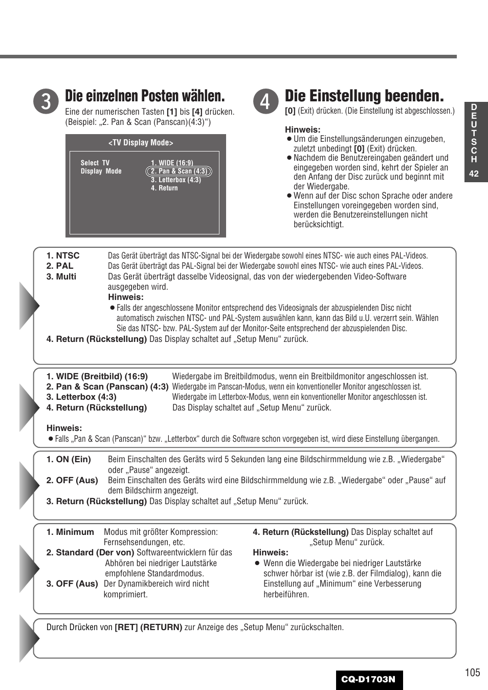 Die einzelnen posten wählen, Die einstellung beenden | Panasonic CQD1703N User Manual | Page 43 / 64