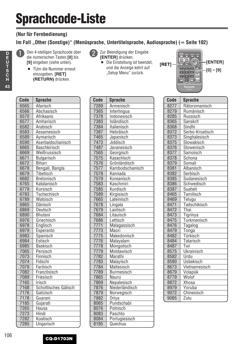Sprachcode-liste, Seite 102) | Panasonic CQD1703N User Manual | Page 44 / 64