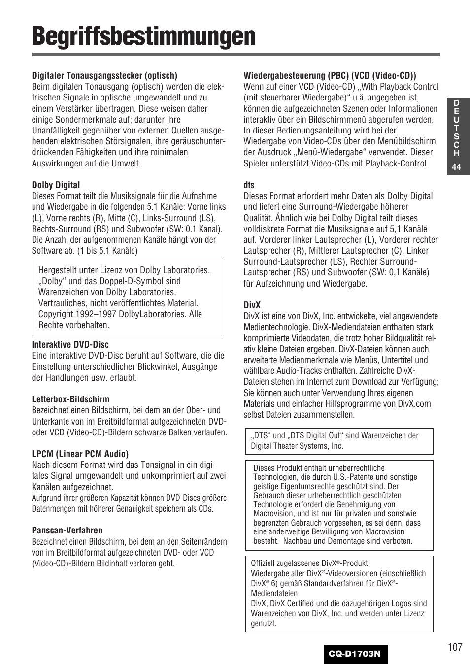 Begriffsbestimmungen | Panasonic CQD1703N User Manual | Page 45 / 64