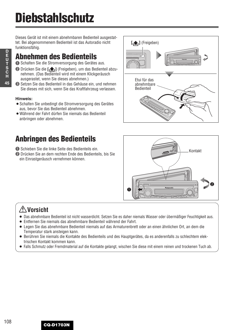 Diebstahlschutz, Abnehmen des bedienteils, Anbringen des bedienteils | Vorsicht | Panasonic CQD1703N User Manual | Page 46 / 64