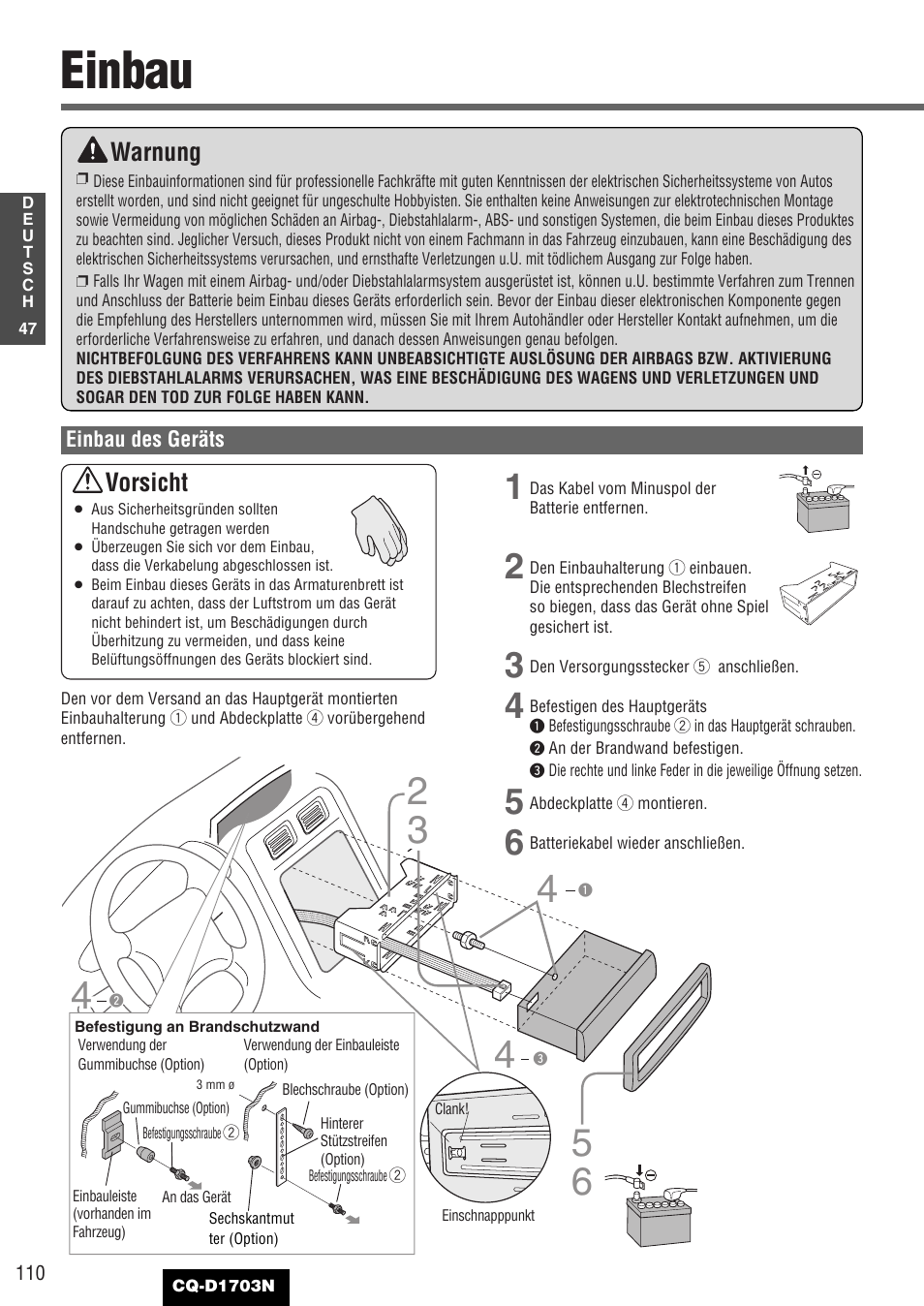 Einbau, Warnung, Vorsicht | Panasonic CQD1703N User Manual | Page 48 / 64