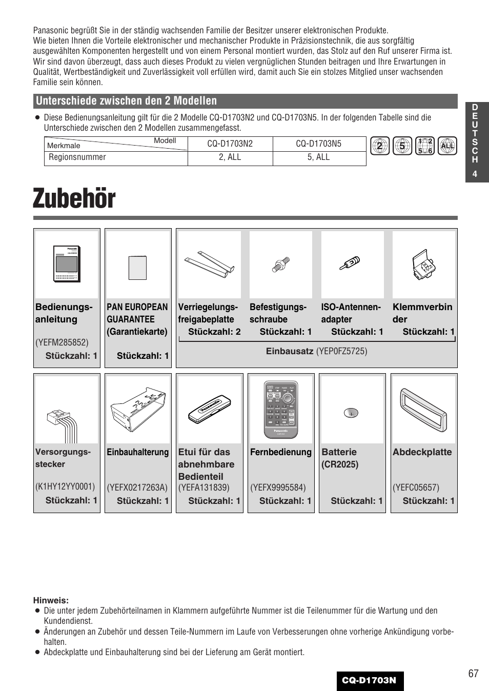 Zubehör, Unterschiede zwischen den 2 modellen, Verriegelungs- freigabeplatte | Befestigungs- schraube, Iso-antennen- adapter, Einbauhalterung, Etui für das abnehmbare bedienteil, Fernbedienung, Batterie (cr2025), Klemmverbin der | Panasonic CQD1703N User Manual | Page 5 / 64