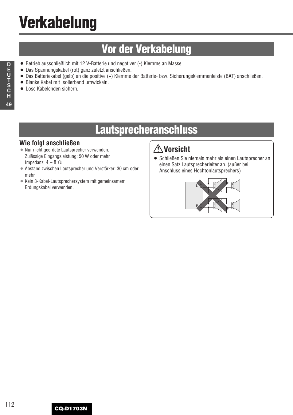Verkabelung, Vor der verkabelung, Lautsprecheranschluss | Vorsicht | Panasonic CQD1703N User Manual | Page 50 / 64