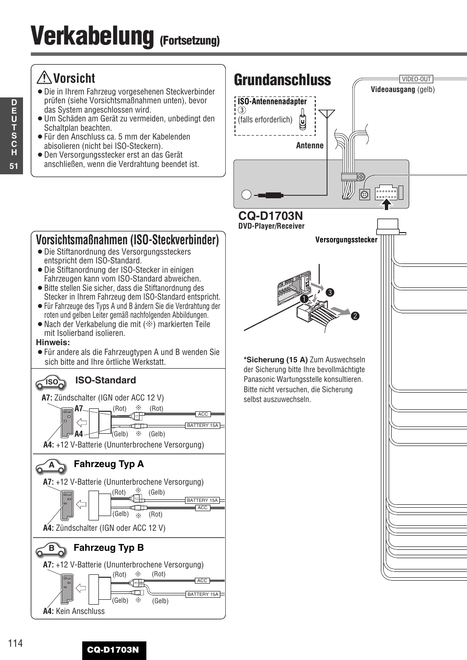 Verkabelung, Grundanschluss, Vorsichtsmaßnahmen (iso-steckverbinder) | Vorsicht, Fortsetzung), Cq-d1703n | Panasonic CQD1703N User Manual | Page 52 / 64