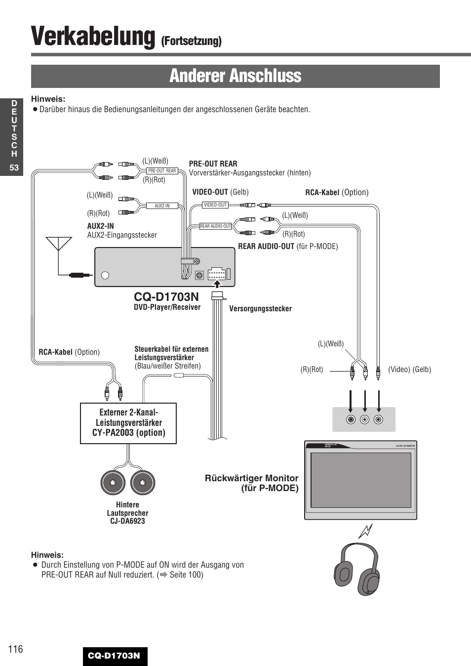 Verkabelung, Anderer anschluss, Fortsetzung) | Cq-d1703n | Panasonic CQD1703N User Manual | Page 54 / 64
