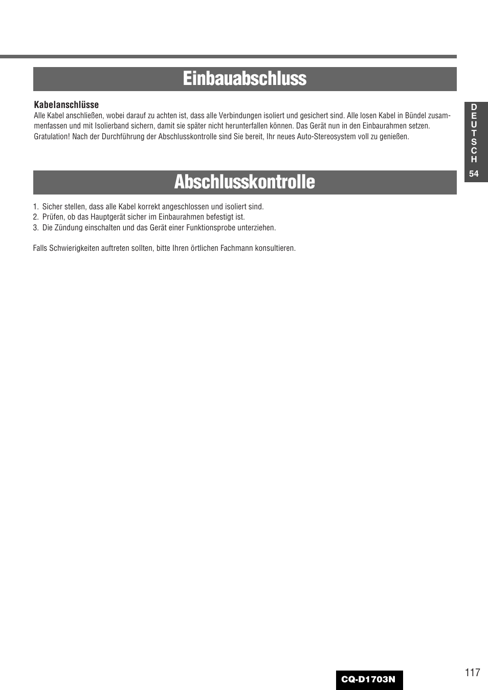 Einbauabschluss abschlusskontrolle | Panasonic CQD1703N User Manual | Page 55 / 64