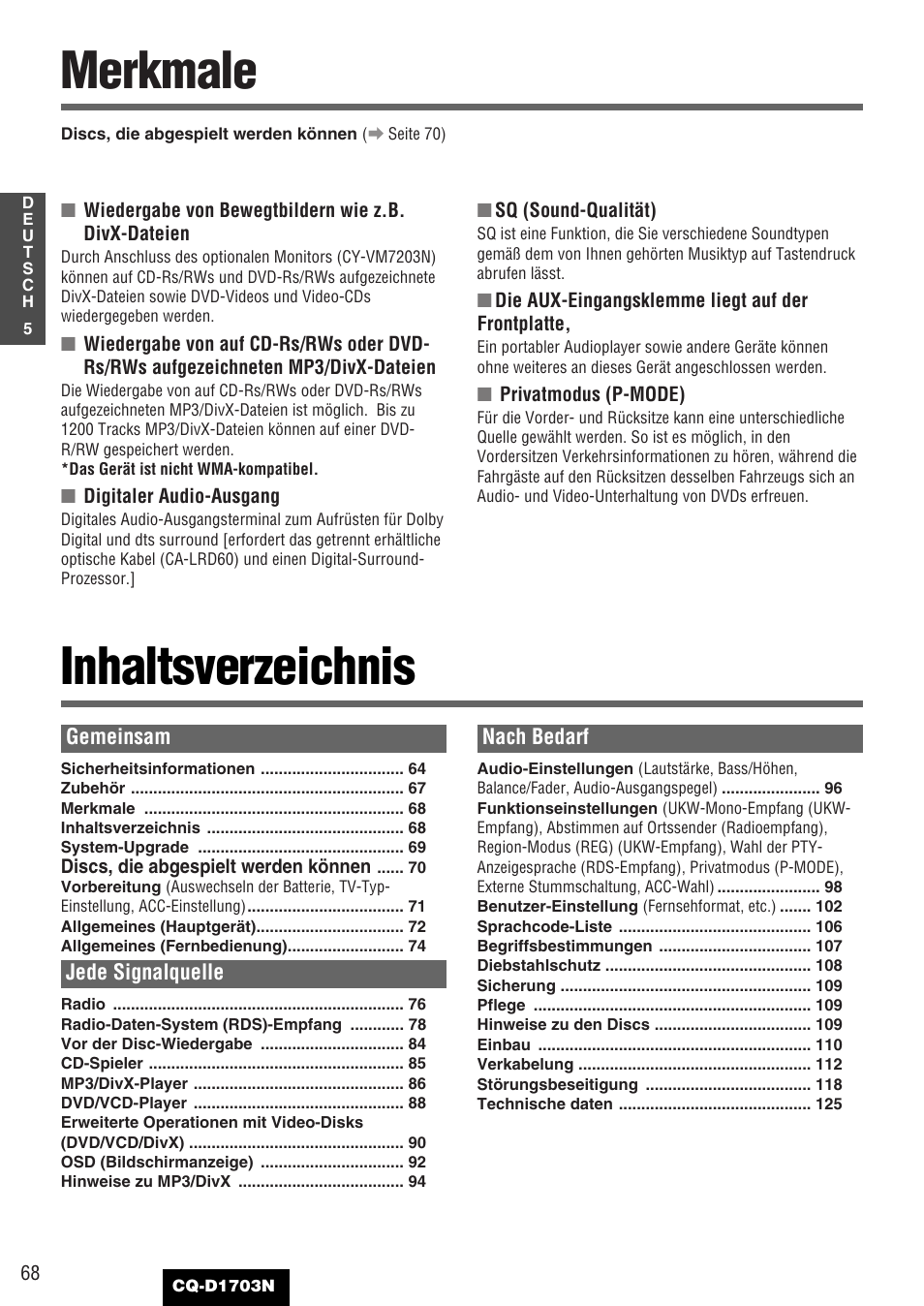 Merkmale inhaltsverzeichnis | Panasonic CQD1703N User Manual | Page 6 / 64