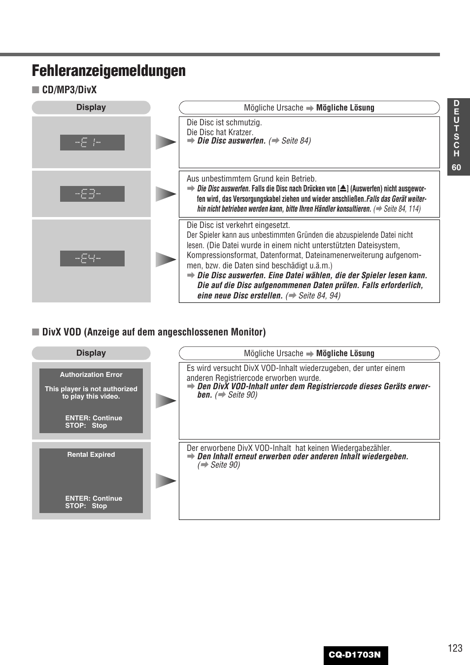 Fehleranzeigemeldungen | Panasonic CQD1703N User Manual | Page 61 / 64