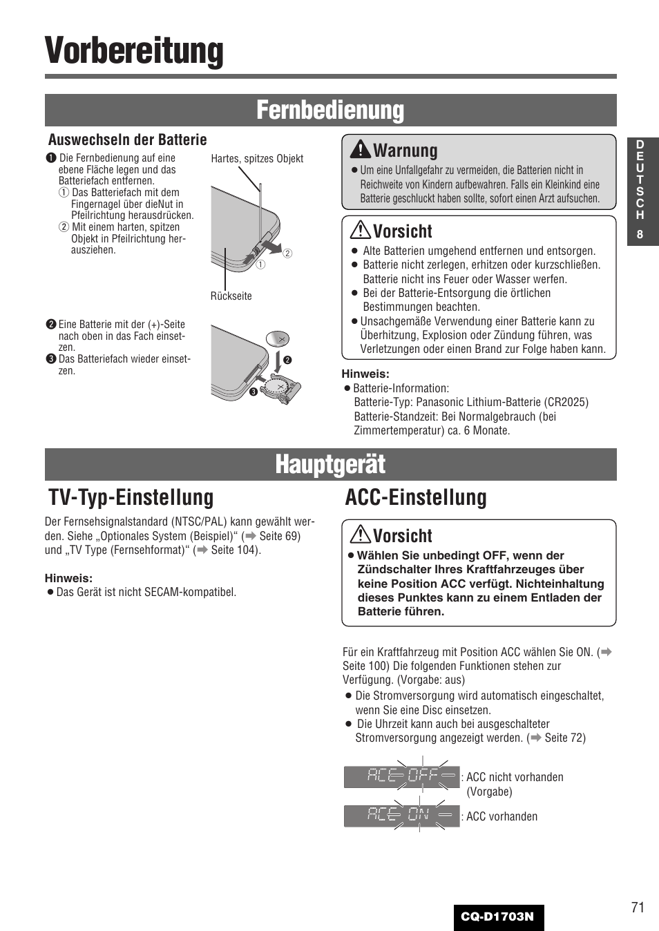 Vorbereitung, Fernbedienung, Hauptgerät | Acc-einstellung tv-typ-einstellung, Warnung, Vorsicht, Auswechseln der batterie | Panasonic CQD1703N User Manual | Page 9 / 64