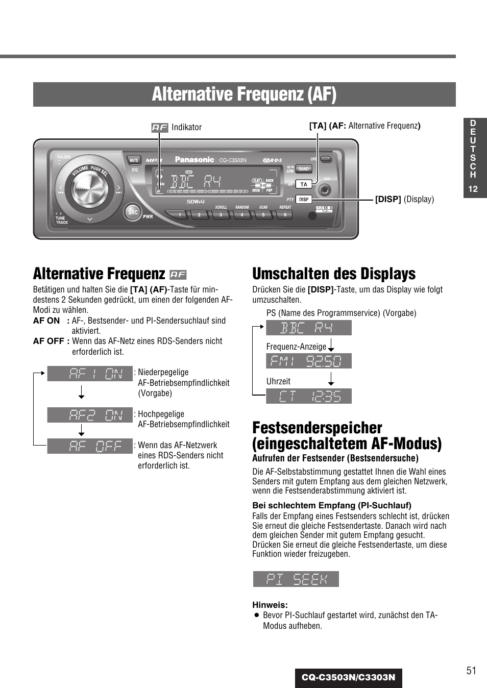 Alternative frequenz (af), Alternative frequenz, Umschalten des displays | Festsenderspeicher (eingeschaltetem af-modus) | Panasonic CQC3503N User Manual | Page 13 / 42
