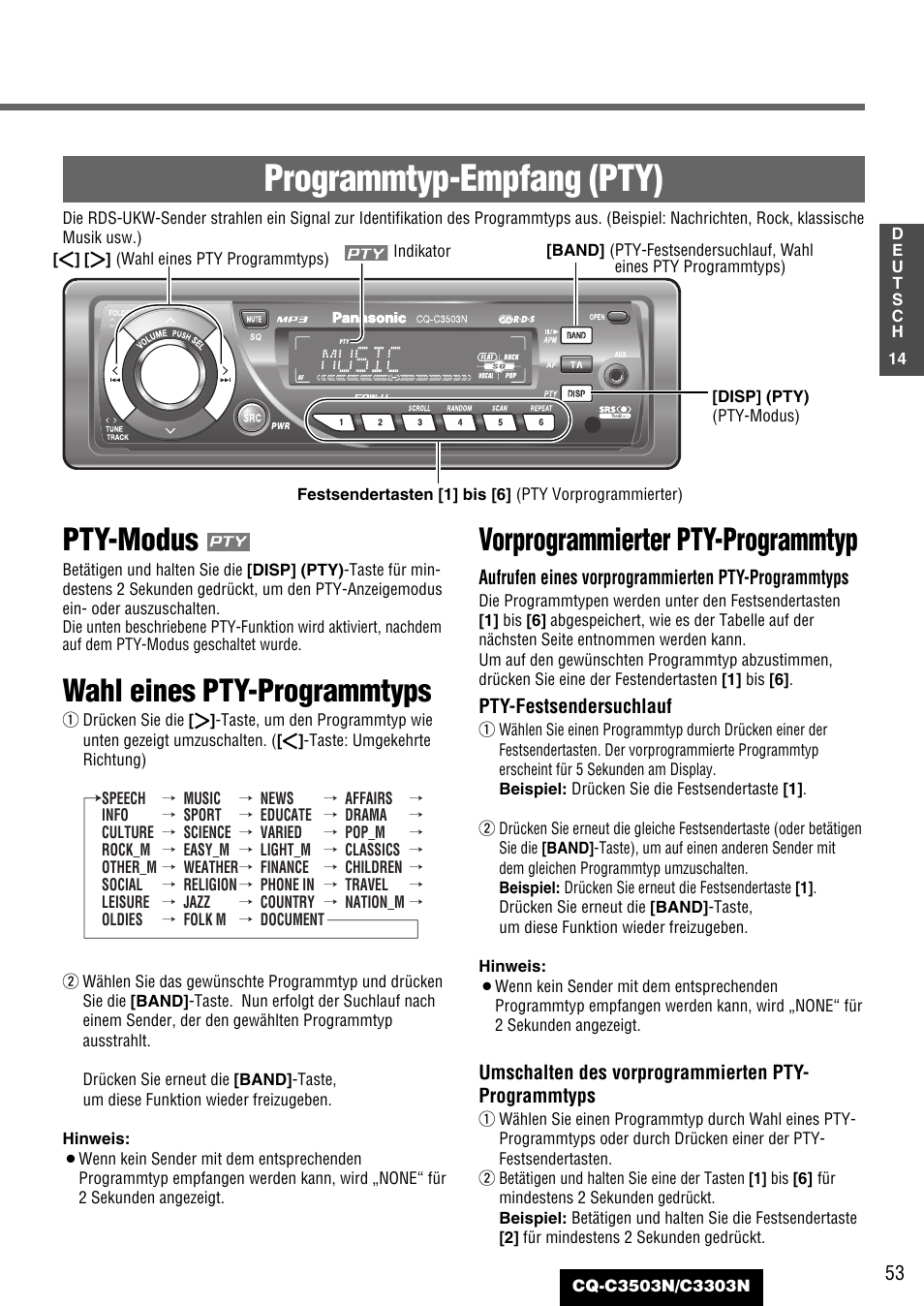 Programmtyp-empfang (pty), Pty-modus, Wahl eines pty-programmtyps | Vorprogrammierter pty-programmtyp | Panasonic CQC3503N User Manual | Page 15 / 42