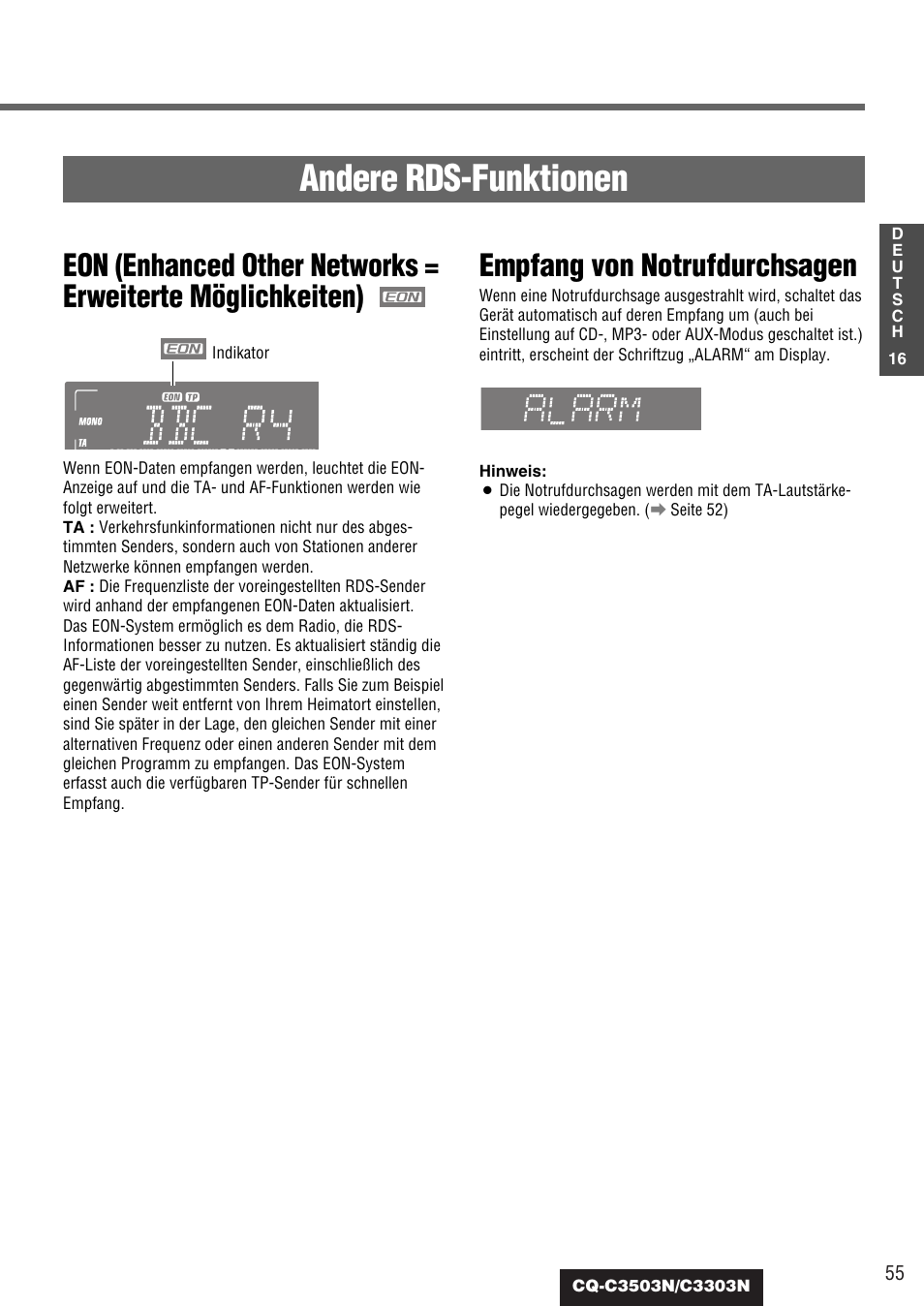 Andere rds-funktionen, Empfang von notrufdurchsagen | Panasonic CQC3503N User Manual | Page 17 / 42