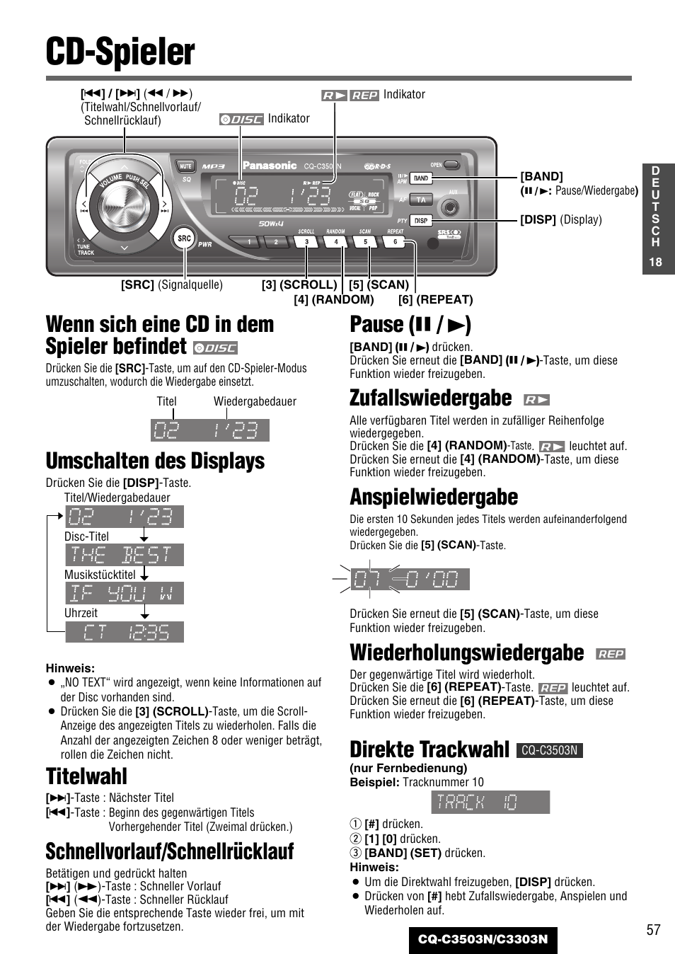 Cd-spieler, Wenn sich eine cd in dem spieler befindet, Umschalten des displays | Titelwahl, Schnellvorlauf/schnellrücklauf, Pause ( y / 5 ), Zufallswiedergabe, Anspielwiedergabe, Wiederholungswiedergabe, Direkte trackwahl | Panasonic CQC3503N User Manual | Page 19 / 42