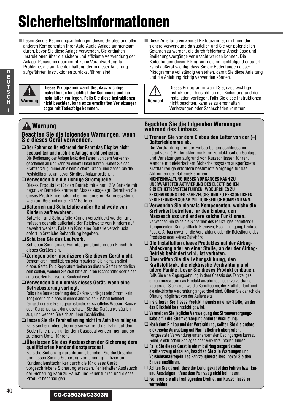 Sicherheitsinformationen, Warnung | Panasonic CQC3503N User Manual | Page 2 / 42