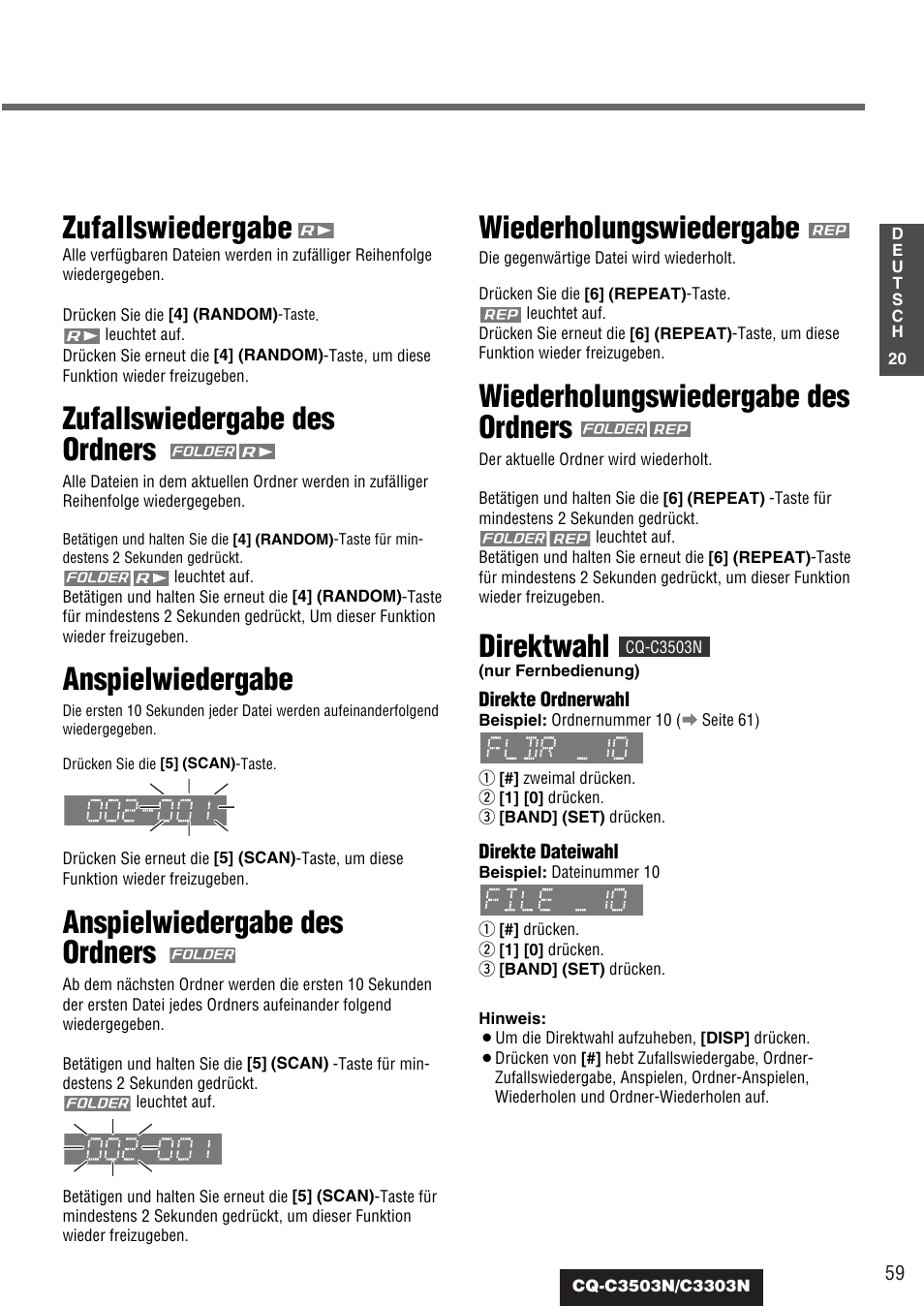 Zufallswiedergabe, Zufallswiedergabe des ordners, Anspielwiedergabe | Anspielwiedergabe des ordners, Wiederholungswiedergabe, Wiederholungswiedergabe des ordners, Direktwahl | Panasonic CQC3503N User Manual | Page 21 / 42
