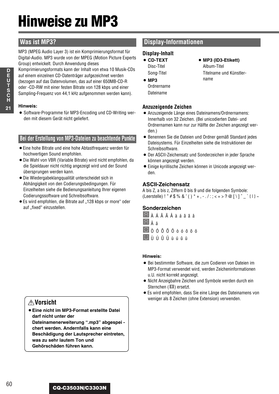 Hinweise zu mp3, Was ist mp3, Display-informationen | Vorsicht | Panasonic CQC3503N User Manual | Page 22 / 42
