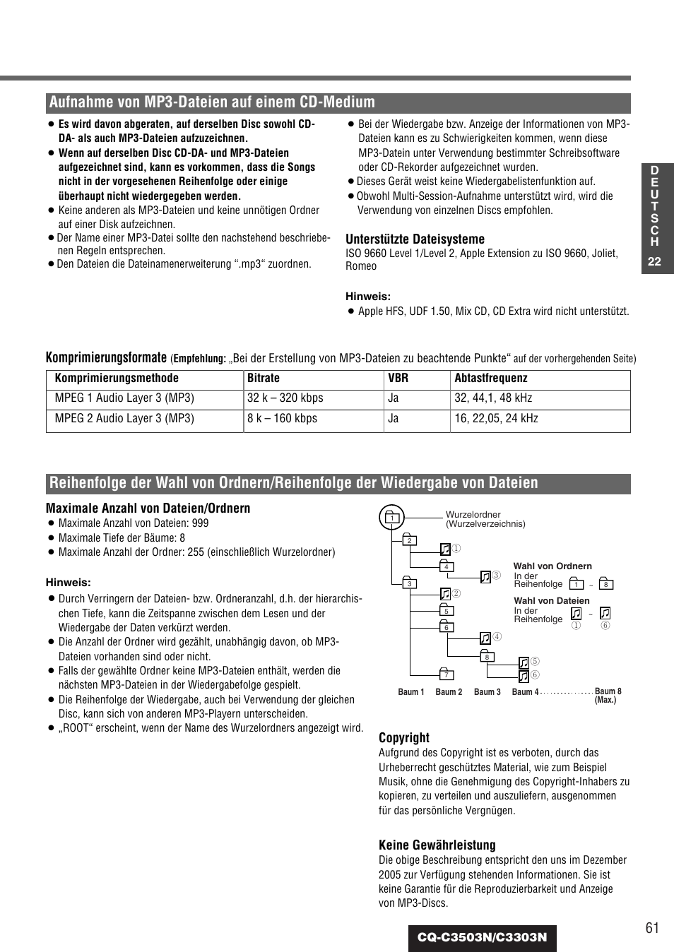 Aufnahme von mp3-dateien auf einem cd-medium, Komprimierungsformate | Panasonic CQC3503N User Manual | Page 23 / 42