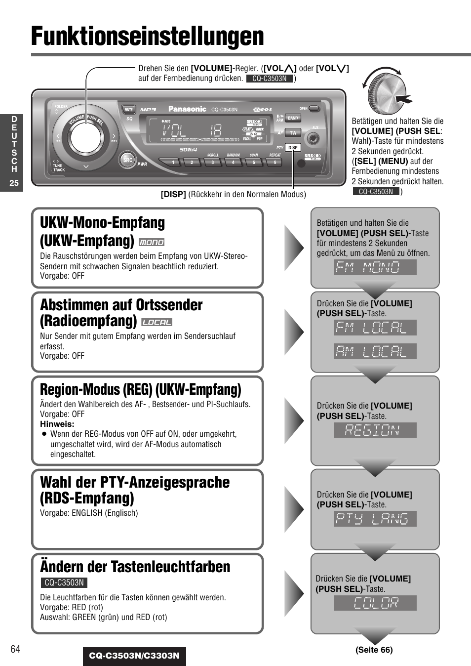 Funktionseinstellungen, Ukw-mono-empfang (ukw-empfang), Abstimmen auf ortssender (radioempfang) | Region-modus (reg) (ukw-empfang), Wahl der pty-anzeigesprache (rds-empfang), Ändern der tastenleuchtfarben | Panasonic CQC3503N User Manual | Page 26 / 42