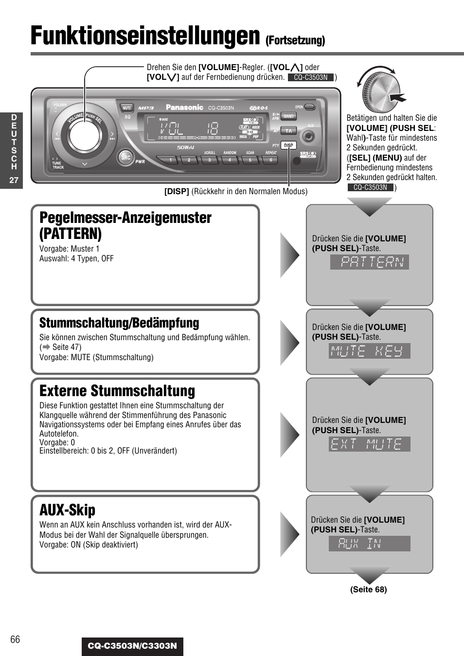 Funktionseinstellungen, Pegelmesser-anzeigemuster (pattern), Externe stummschaltung | Aux-skip, Stummschaltung/bedämpfung, Fortsetzung) | Panasonic CQC3503N User Manual | Page 28 / 42