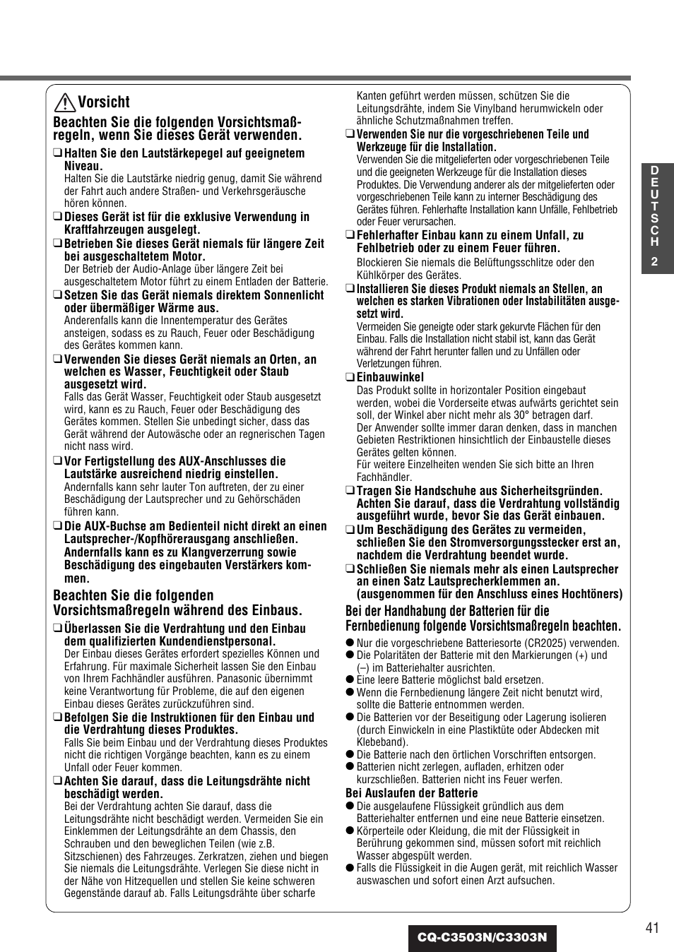 Vorsicht | Panasonic CQC3503N User Manual | Page 3 / 42