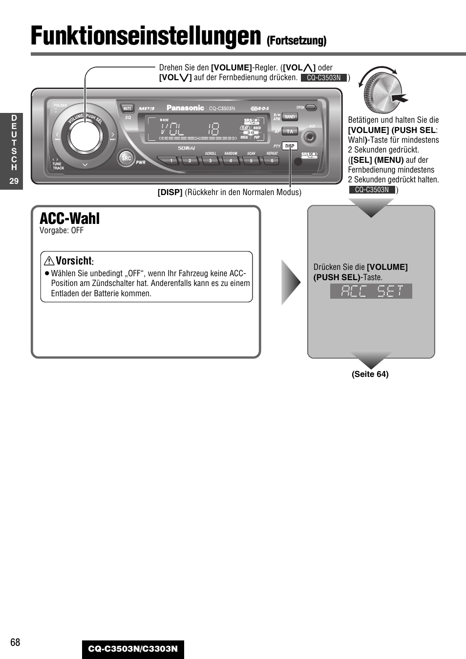 Funktionseinstellungen, Acc-wahl, Fortsetzung) | Panasonic CQC3503N User Manual | Page 30 / 42