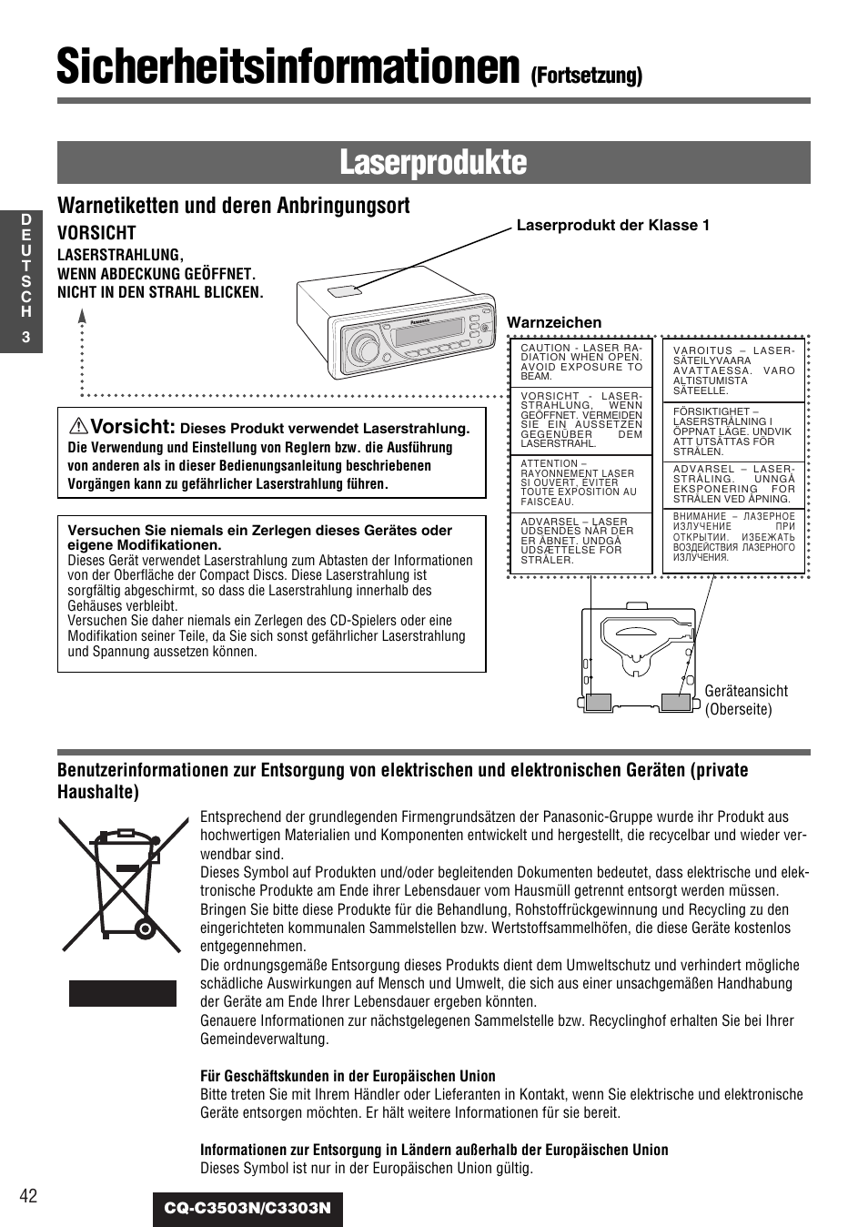 Sicherheitsinformationen, Laserprodukte, Fortsetzung) | Warnetiketten und deren anbringungsort, Vorsicht | Panasonic CQC3503N User Manual | Page 4 / 42