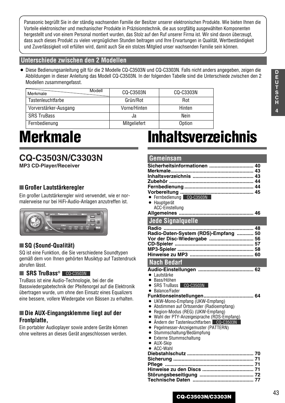 Merkmale inhaltsverzeichnis, Gemeinsam, Jede signalquelle | Nach bedarf, Unterschiede zwischen den 2 modellen | Panasonic CQC3503N User Manual | Page 5 / 42