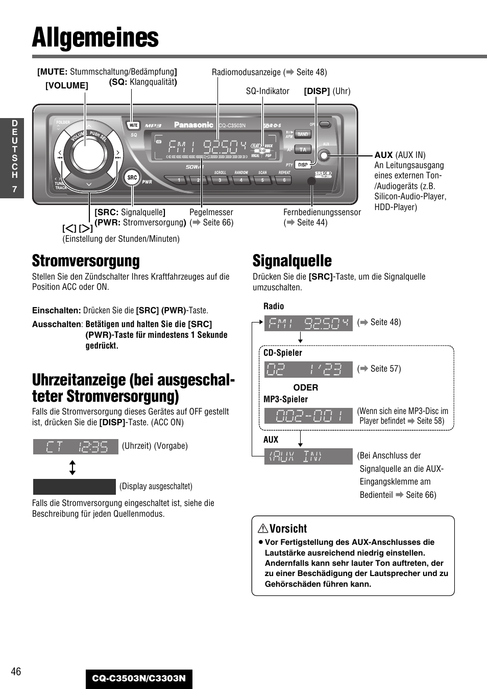 Allgemeines, Stromversorgung, Signalquelle | Vorsicht | Panasonic CQC3503N User Manual | Page 8 / 42