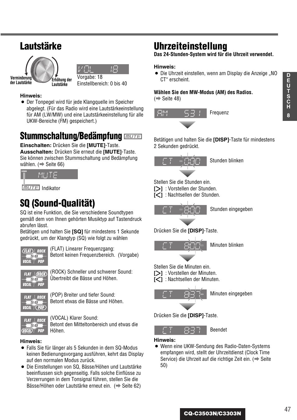 Lautstärke, Stummschaltung/bedämpfung, Sq (sound-qualität) | Uhrzeiteinstellung | Panasonic CQC3503N User Manual | Page 9 / 42