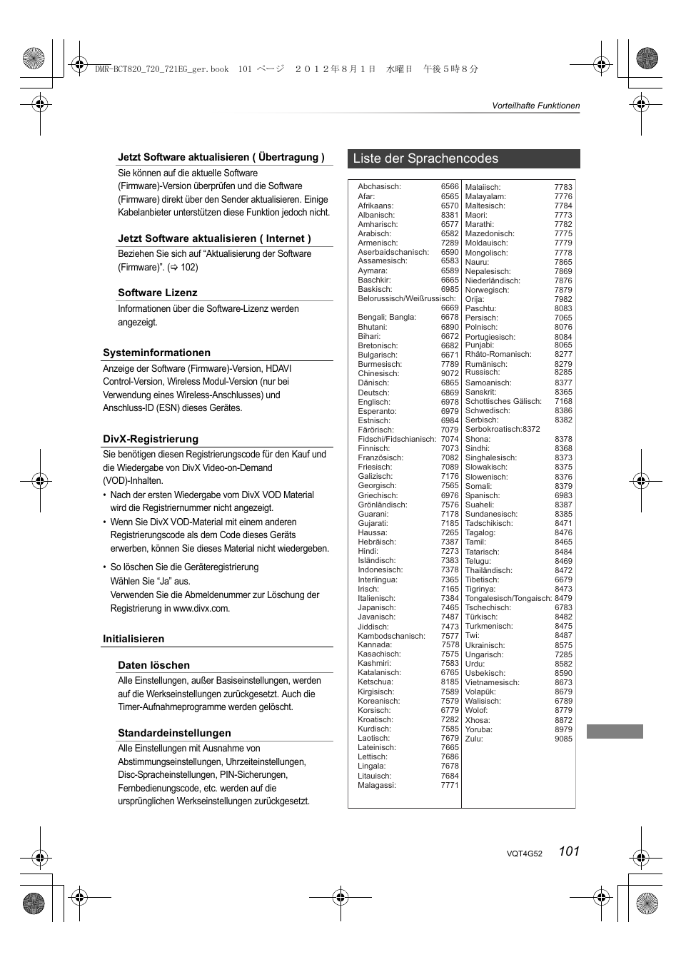 Liste der sprachencodes | Panasonic DMRBCT720EG User Manual | Page 101 / 128